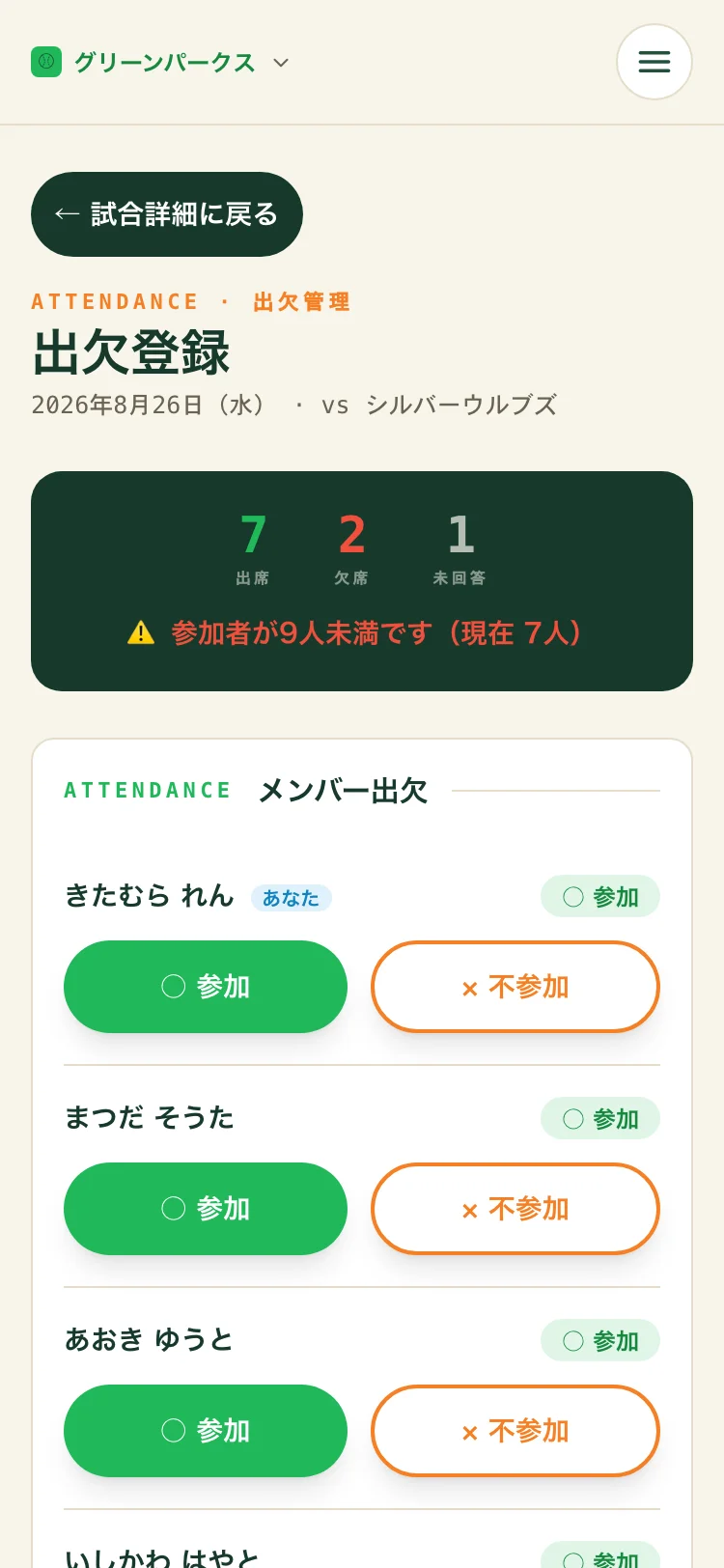 出欠登録画面。出席7・欠席2・未回答1の集計と、メンバーごとの参加／不参加ボタン
