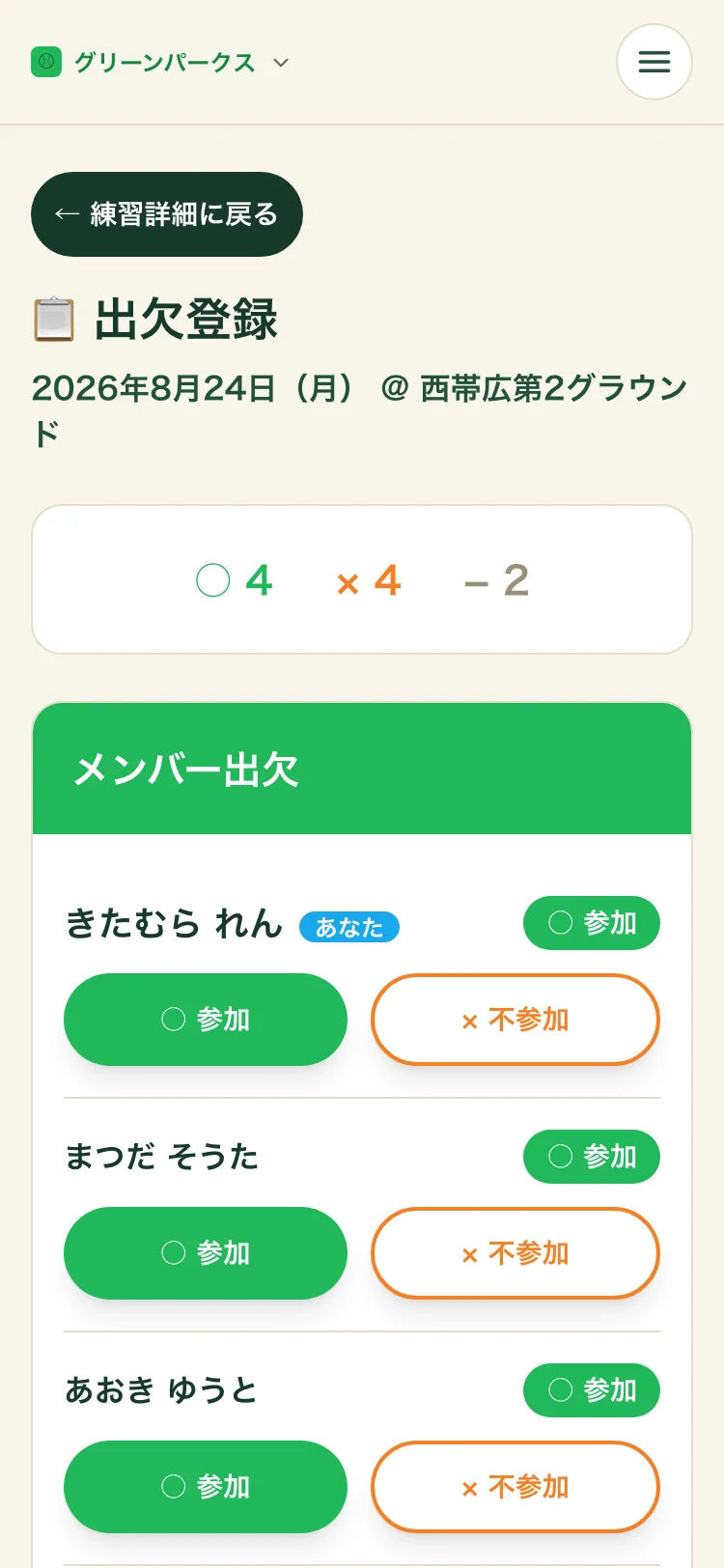 練習の出欠登録。参加4・不参加4・未回答2の集計と、メンバーごとの参加／不参加ボタン