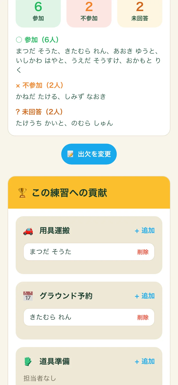 練習詳細の貢献セクション。用具運搬・グラウンド予約の担当者が記録されている