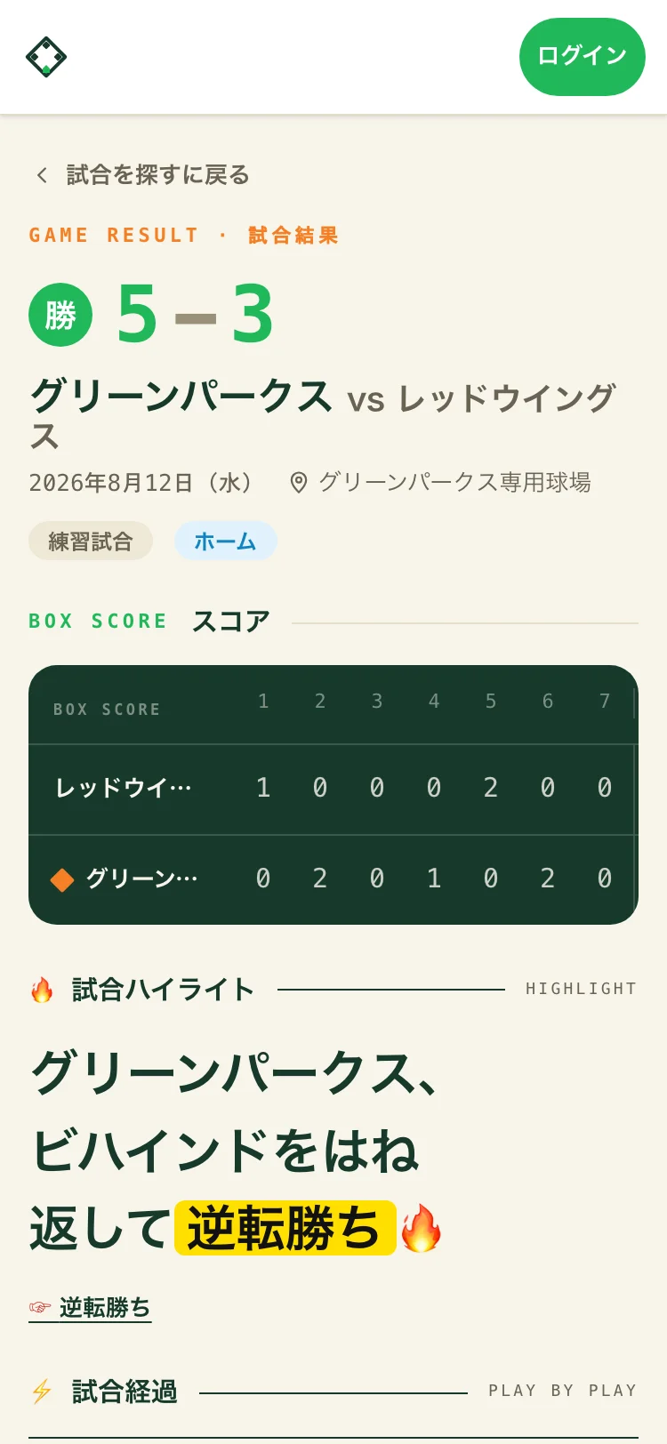 公開試合ページ。イニングスコアと勝敗（選手名は出ない）