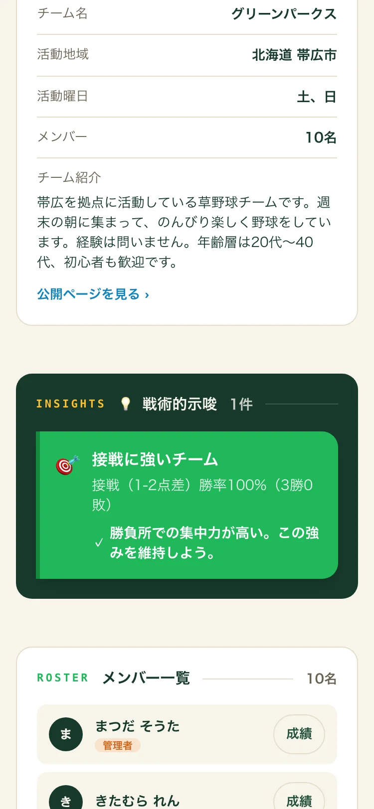 チームホームの戦術的示唆。接戦の勝率などチームの傾向を示すカード