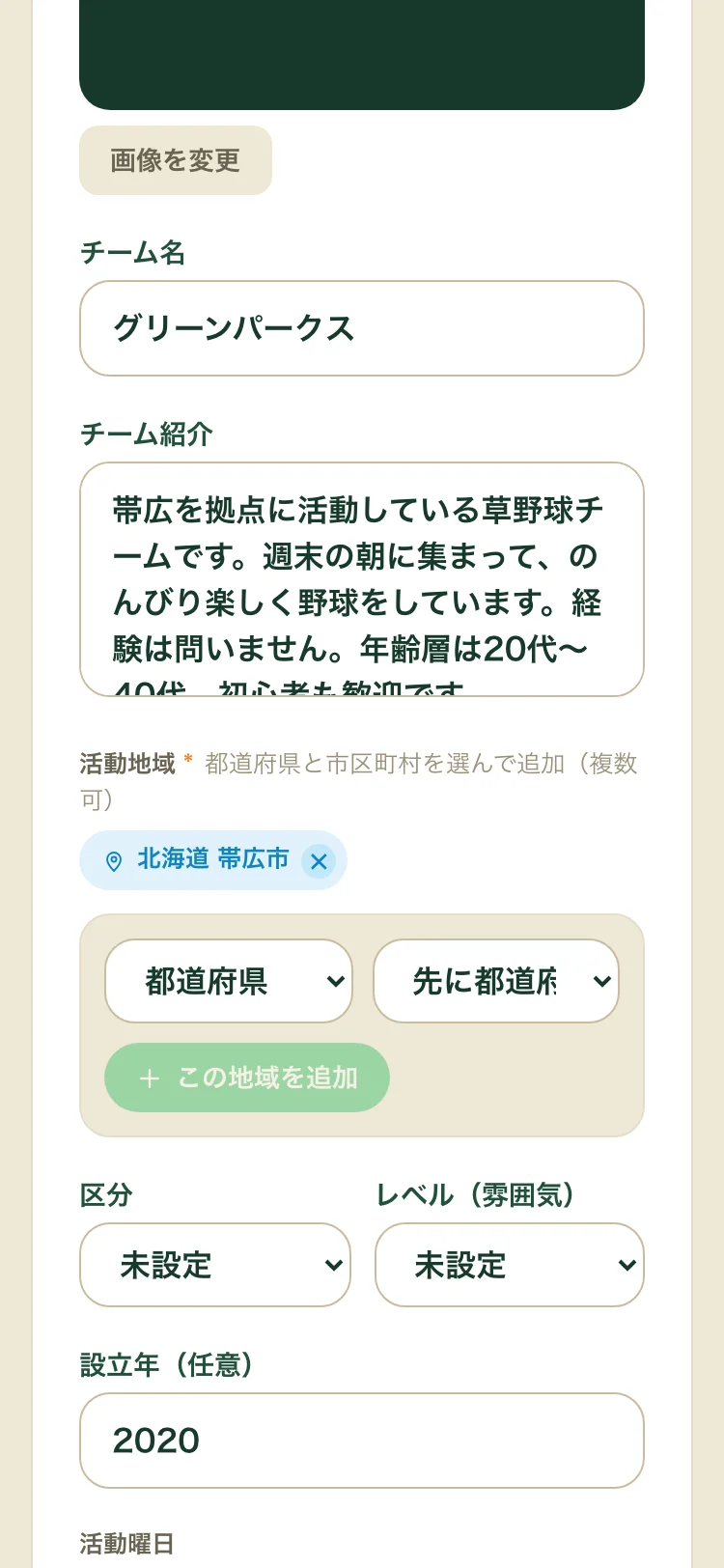 チーム設定画面。チーム名・紹介文・活動地域の編集欄